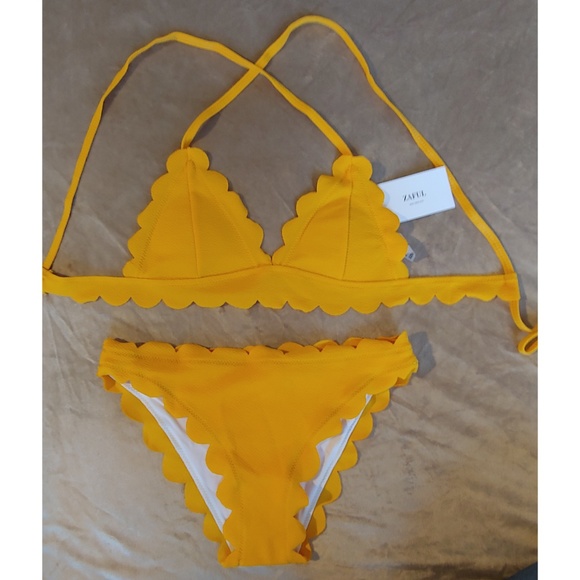 Zaful Swim Nwt Zaful Mustard Scallop Tie Bikini Poshmark